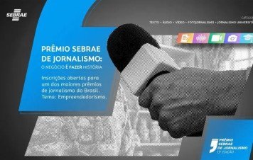 é uma peça gráfica promocional que anuncia a abertura das inscrições para o Prêmio Sebrae de Jornalismo.