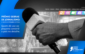 Esta imagem é um banner gráfico institucional para a divulgação do Prêmio Sebrae de Jornalismo (13ª Edição). No bloco azul em formato de aspas à esquerda, lê-se o título da premiação acompanhado pelo slogan e a frase reflexiva: 