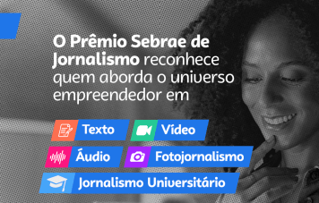 Esta imagem é um card promocional do Prêmio Sebrae de Jornalismo focado em destacar as categorias da premiação. No topo esquerdo, exibe em destaque o texto: 