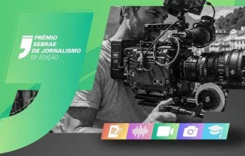 Esta imagem apresenta a peça gráfica de divulgação da 13ª Edição do Prêmio Sebrae de Jornalismo. À esquerda, destaca-se a marca em formato de aspas estilizada em tons de verde e gradientes, contendo o texto 