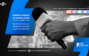 Esta imagem apresenta a peça gráfica oficial de divulgação para as inscrições da 13ª Edição do Prêmio Sebrae de Jornalismo. À esquerda, em uma caixa azul estilizada em formato de aspas, destaca-se o texto 